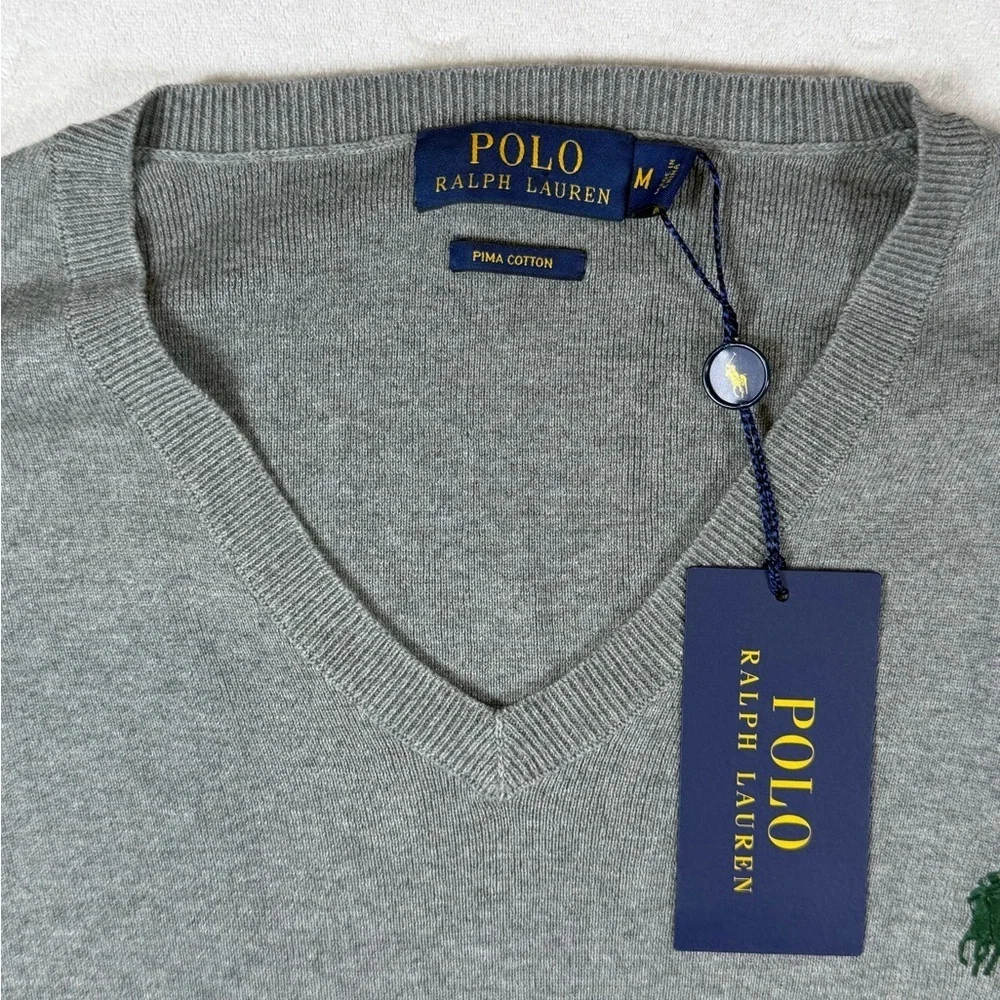 NWT Polo Ralph Lauren Medium Pima Cotton V-Neck Sweater in Gray With Horse Logo